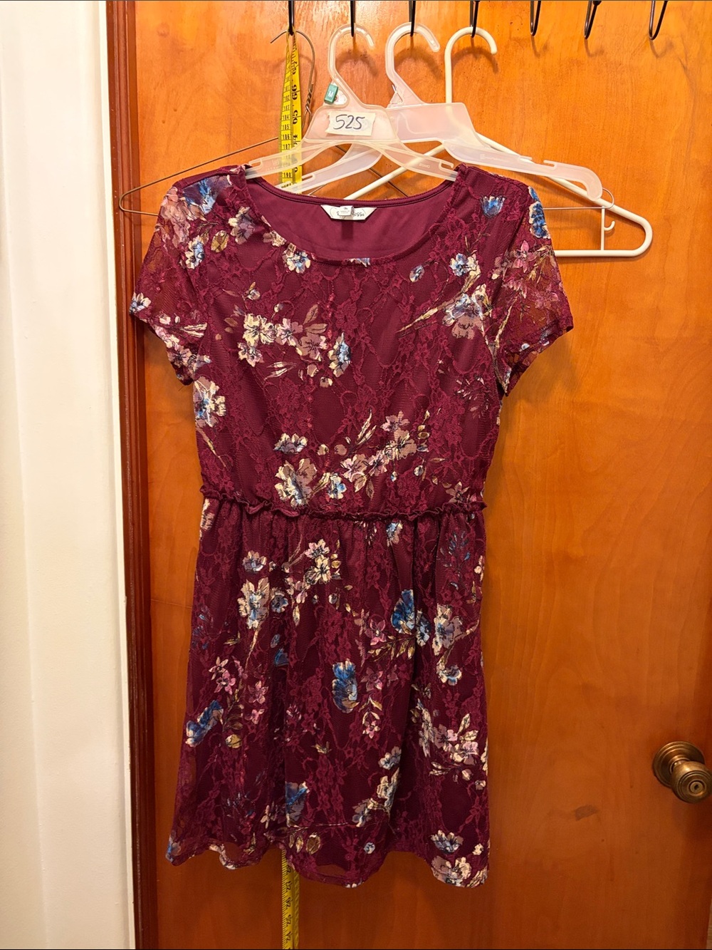 H&M Girls Burgundy Floral Lace Dress with Blue Accents